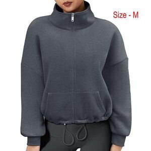 Basic Lightweight Zip-Up Sweatshirt Pockets Long Sleeve Dark Grey Medium